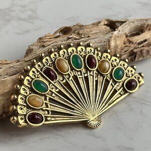 Multi-Color Glass Rhinestone Fan Brooch, Gold Tone, by 1928